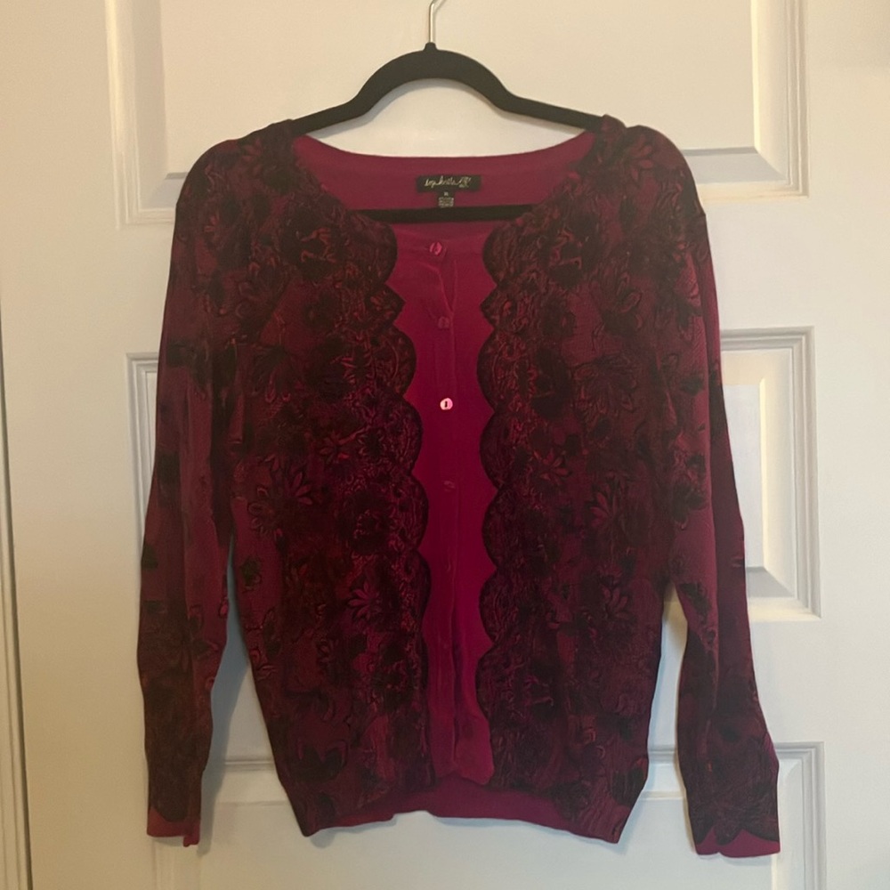 Dark Pink and Black Flora Lace Print Cardigan